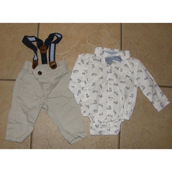 Boys Sz 3-6 Months Khaki Pants, Dinosaur Shirt, Suspenders & Bowtie Set GYMBOREE - Picture 1 of 2